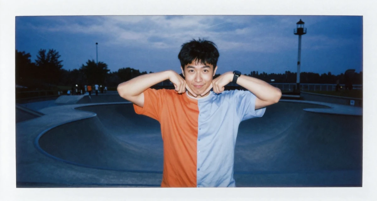 A amused male Once a hotel bartender, now creating nightlife-themed fan content in their 25, setting long-term goals for subscriptions and renewals, wearing a bold color-block outfit, pointing at something nearby in a skate park.