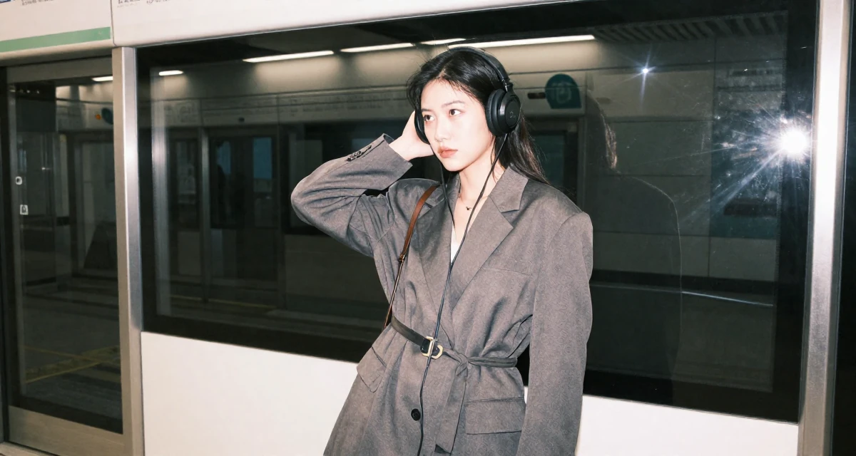 A determined Female From Kaohsiung Taiwan, started modeling while studying visual design in their 23, learning that creativity doesn’t pay rent—consistency does, wearing a oversized blazer worn as a dress with a belt, listening to music with headphones in a subway platform.