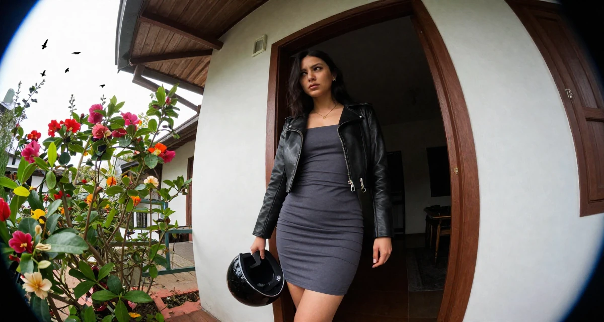 A intimidating Female From Chiang Mai Thailand, majored in creative writing in their 30, transitioning from corporate grind to creative freedom, wearing a cropped leather jacket and a bodycon dress, holding a helmet in a front porch.