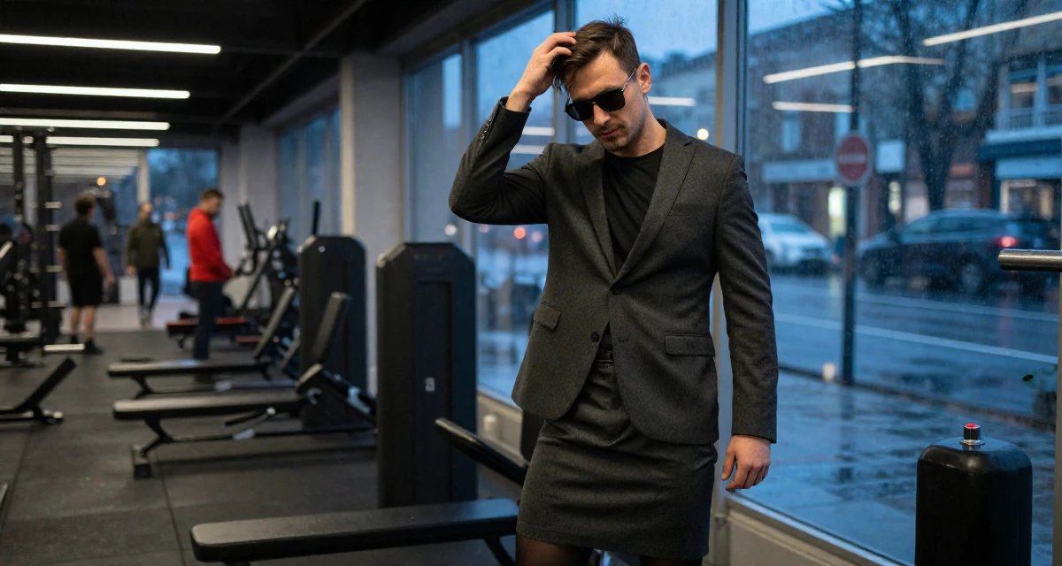 A dignified male Grew up in Croatia, studied interaction design in their 23, balancing risk-taking with stability needs, wearing a black stockings and a charcoal business suit skirt, lowering sunglasses to look out in a gym interior.