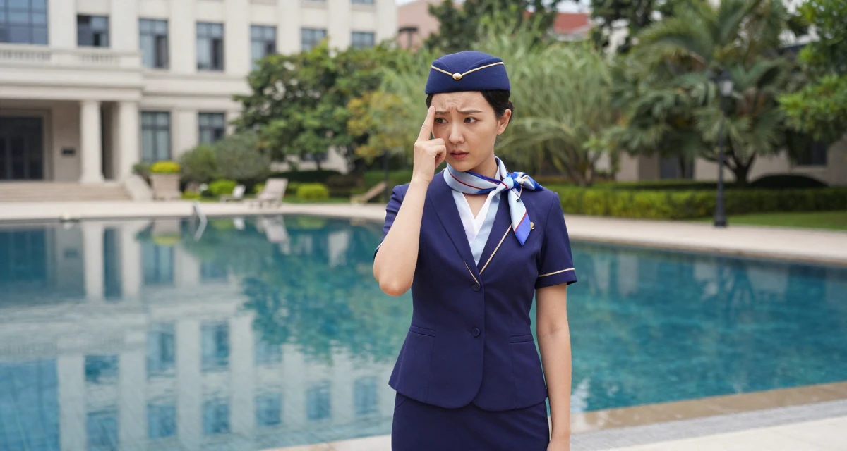 A lonely Female Once a startup assistant, now a creator experimenting with storytelling in their 23, regretting creative decisions but needing to post anyway, wearing a flight attendant uniform with a silk scarf, pointing at something nearby in a university campus.
