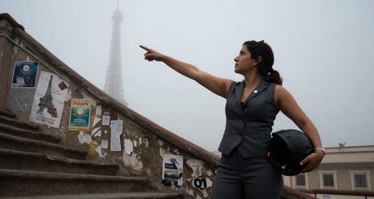 A defiant Female From Peru, based in Arequipa, graduated from a local university majoring in business communication in their 34, managing a complex portfolio of responsibilities, wearing a fitted vest top worn without a shirt underneath and slacks, holding a helmet under one arm in a winding staircase.