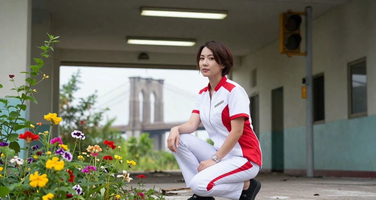 A innocent Female From Thailand, based in Phuket, graduated from a media academy majoring in tropical glamour production in their 23, saving aggressively for a dream travel trip, wearing a futuristic medic uniform with white and red details, waiting for a light to change in a abandoned hospital.