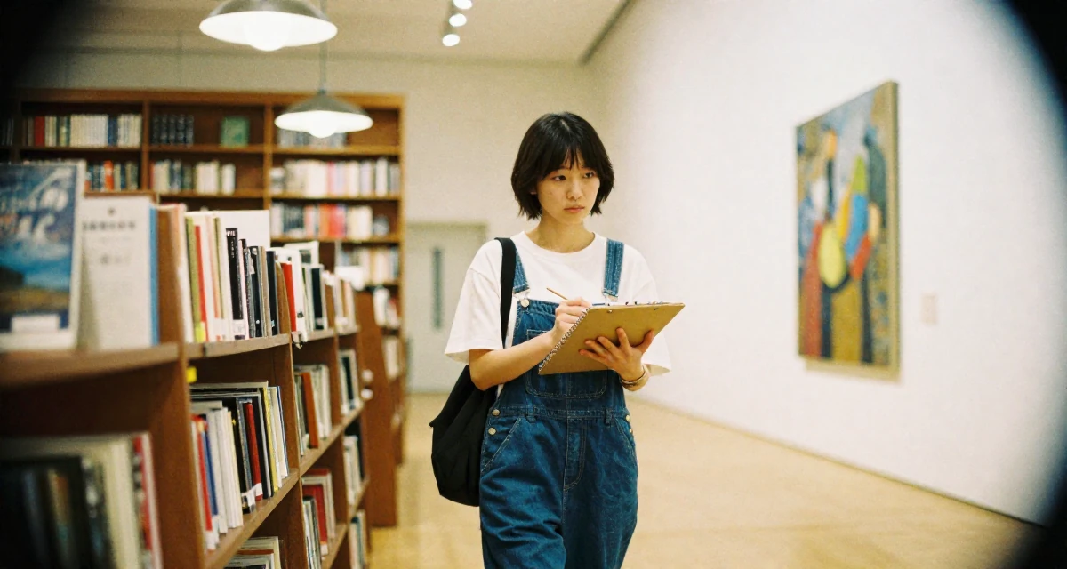 A indifferent Female From Japan, majored in information systems in their 22, learning to advocate for personal boundaries, wearing a relaxed dungarees or overalls, sketching on a pad in a vintage bookstore.