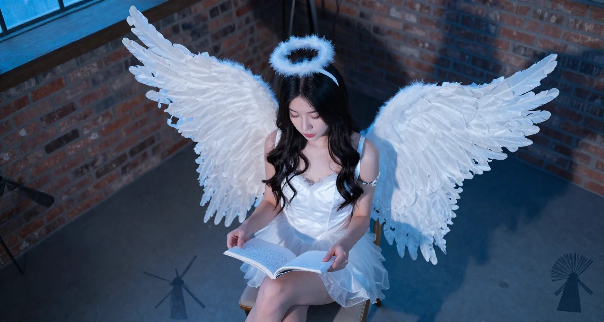 A calm Female From United States, majored in hospitality operations in their 22, investing in outfits that complement sensual expression, wearing a angel costume with large feathered wings and a halo, turning a page in a loft apartment with brick walls.