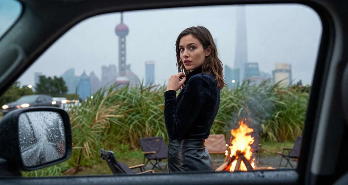 A awestruck Female From Canada, trained in culinary arts in their 25, balancing innocence and boldness in early shoots, wearing a fitted velvet top and a leather skirt, fixing a collar in a campfire circle.