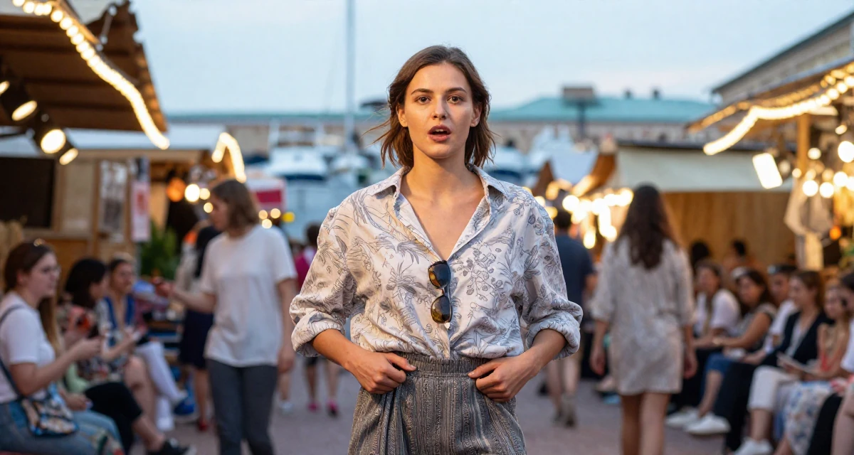 A enthusiastic Female From Saint Petersburg Russia, studied visual storytelling in theatrical setups in their 26, dealing with younger competition while finding identity, wearing a relaxed vacation shirt, fixing the hem of a skirt in a bustling market.