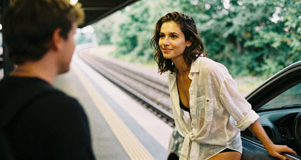 A compassionate Female From Belgium, based in Antwerp, graduated from a fashion school majoring in intimate costume styling in their 24, choosing props that elevate sensual tension, wearing a translucent linen shirt worn over a swimsuit, smiling at a stranger in a subway platform.