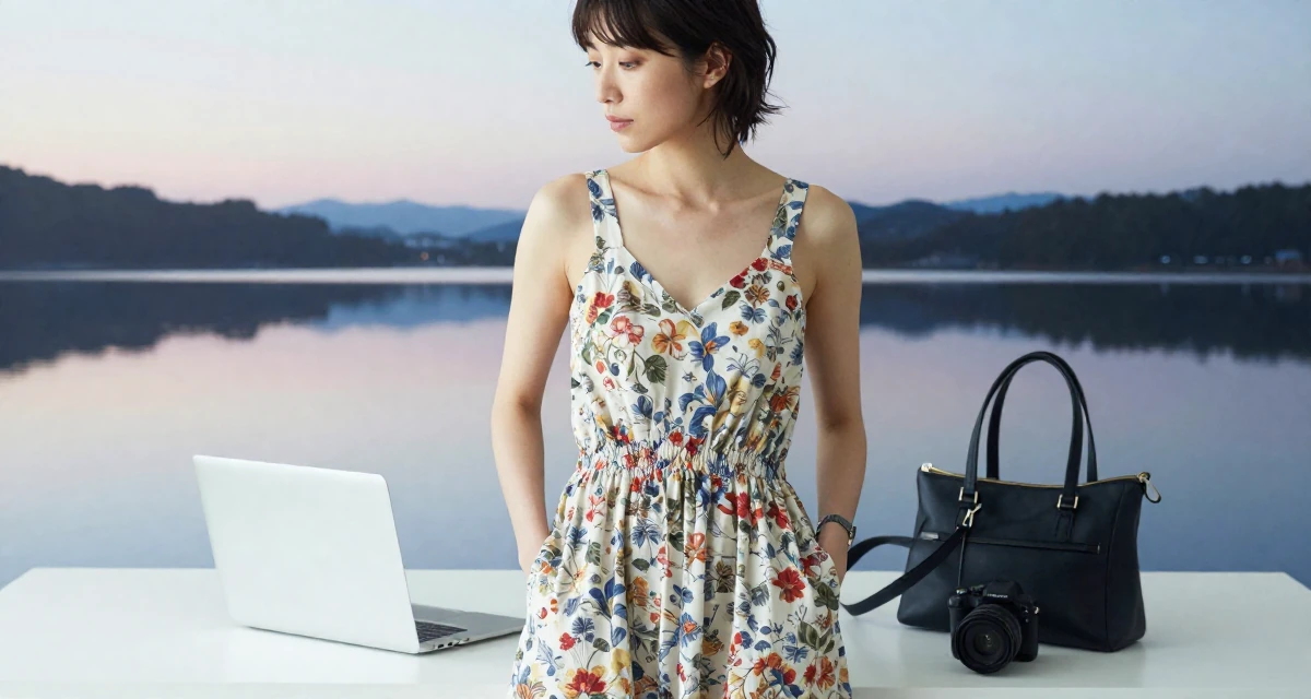 A tranquil Female From Kyoto Japan, practiced artistic nude photography as self-expression in their 24, exploring unconventional career paths, wearing a backless summer sundress in a floral print, zipping up a bag in a office workspace.