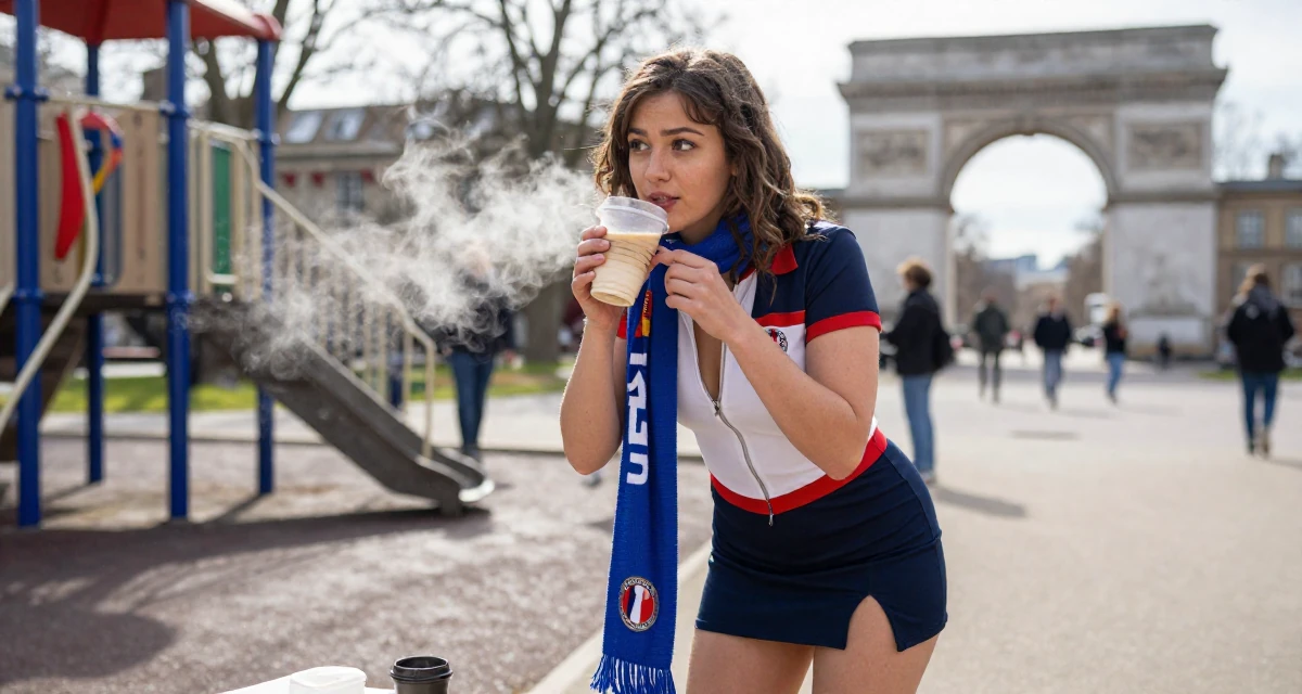 A hypnotic Female Grew up in France, majored in cultural studies in their 22, joining creator communities for tips and support, wearing a race queen outfit with a zipper front and mini skirt, adjusting a scarf in a school playground.