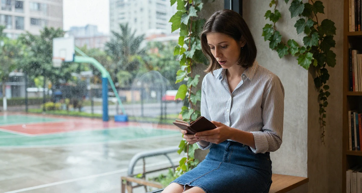 A subtly surprised Female Once a bookstore clerk, now offering cozy aesthetic subscription content in their 36, sharing tips for organizing a chaotic home, wearing a striped button-down shirt tucked into a denim pencil skirt, checking a wallet in a basketball court.