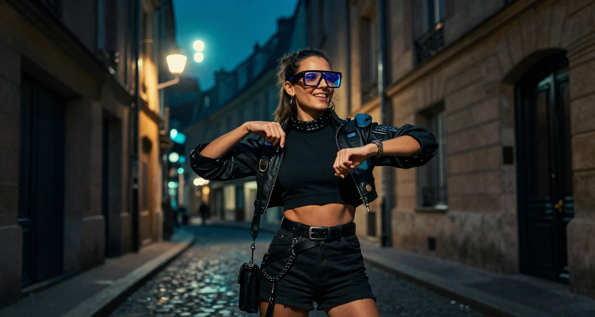 A joyful Female From Paris France, majored in cultural studies in their 41, tech executive pivot to digital content creation, wearing a cyberpunk hacker outfit with oversized tech glasses, adjusting sleeves in a quaint European street.