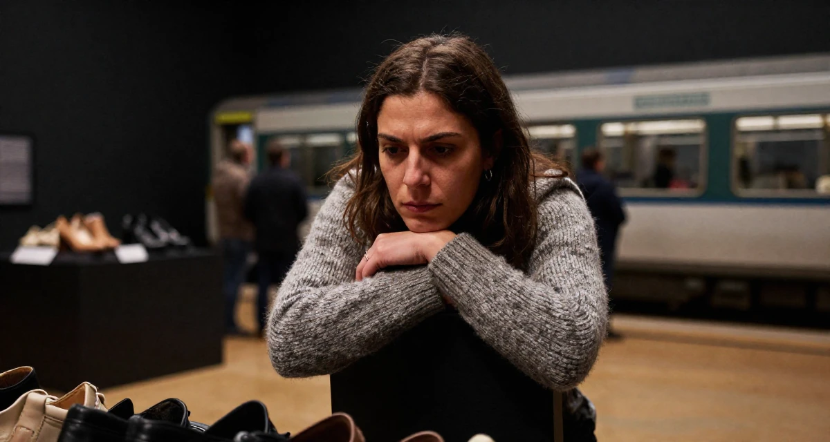 A intense and captivating Female From Spain, has a degree in fine arts in their 35, teaching financial literacy to other women, wearing a textured wool sweater, looking down at shoes in a museum exhibit.