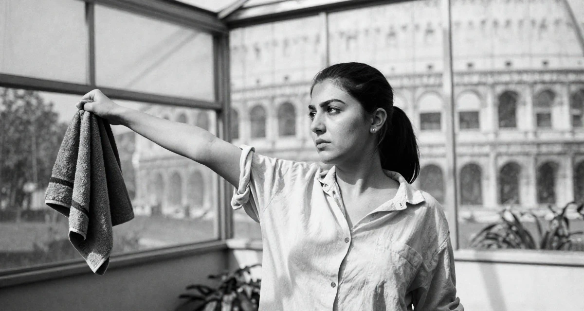 A fearless Female From Azerbaijan, majored in petroleum engineering in their 25, optimizing scenes for mood, not explicitness, wearing a relaxed vacation shirt, holding a gym towel in a greenhouse interior.