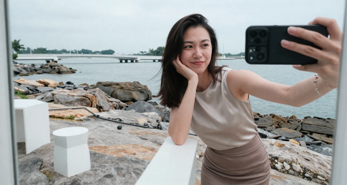 A smirking Female From Singapore, based in Tampines, graduated from a polytechnic majoring in business analytics in their 35, enjoying a peak physical and mental state, wearing a sleeveless silk top and a high-waisted skirt, waving to someone in a rocky ocean cliff.