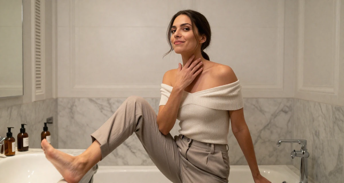 A witty Female From France, trained in perfumery and chemistry in their 29, refusing to settle for mediocrity, wearing a off-the-shoulder knit top and dress pants, tapping a foot in a marble bathroom with a tub.