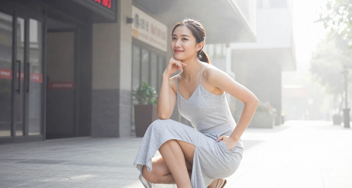 A smiling gently Female Former accountant in her 30s, now creating fitness-driven fan content in their 25, thinking about long-term investments, wearing a spaghetti strap summer dress with a high slit, sliding a hand into a pocket in a cinema entrance.