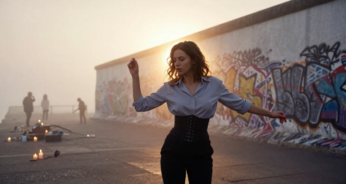 A puzzled Female From Romania, studied computer science in their 23, building first professional networks, wearing a button-up shirt with a corset belt and black pants, shivering slightly in a foggy harbor.