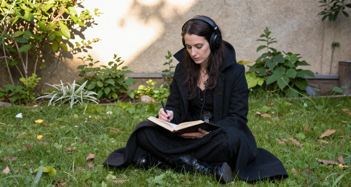 A tranquil Female From Luxembourg, studied European business law in their 36, documenting the process of writing a book, wearing a gothic vampire hunter outfit with a long coat, listening to music with headphones in a backyard garden.