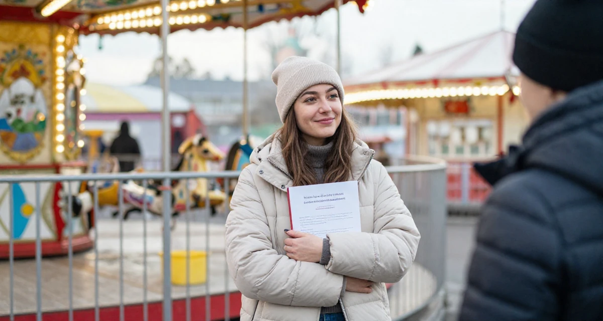 A dazed Female From Zurich Switzerland, holds a degree in accounting and finance in their 20, living entirely for the aesthetic of the moment, wearing a warm puffer jacket and beanie, smiling at a stranger in a carnival with rides.