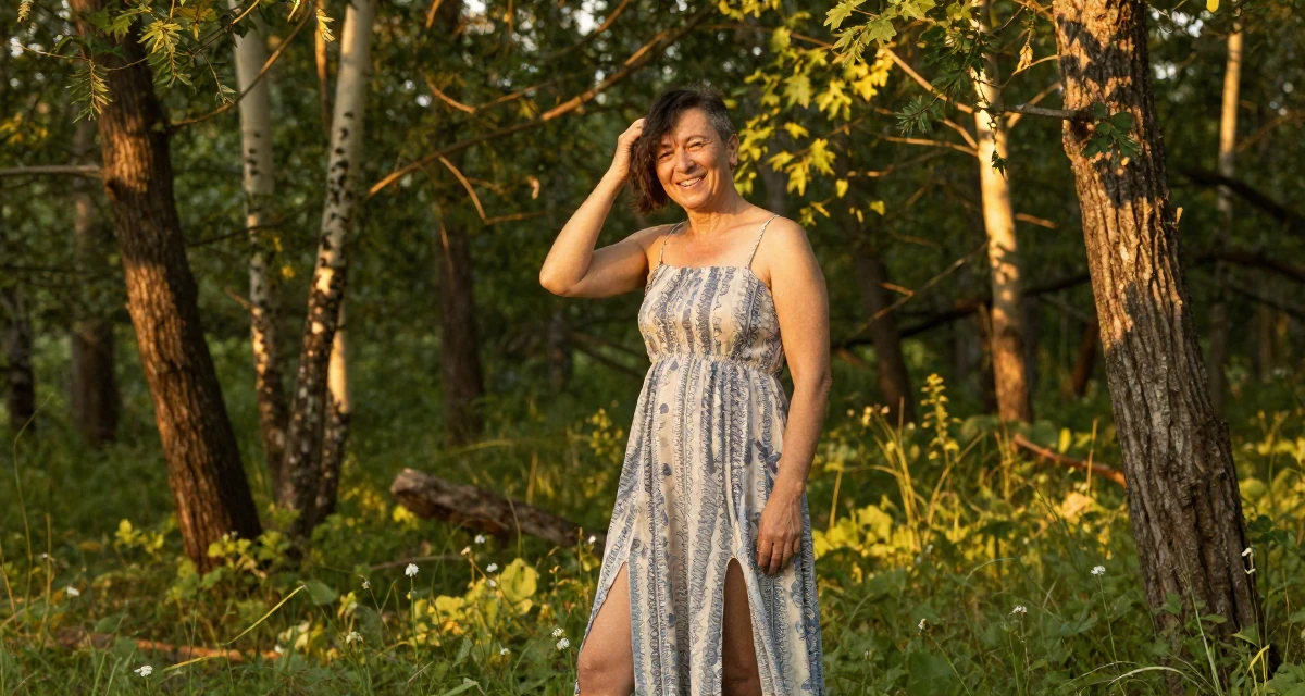 A cheerful male Raised in Kazakhstan, majored in global business in their 50, inspiring others to start over at any age, wearing a spaghetti strap summer dress with a high slit, pushing hair from face in a magical forest clearing.