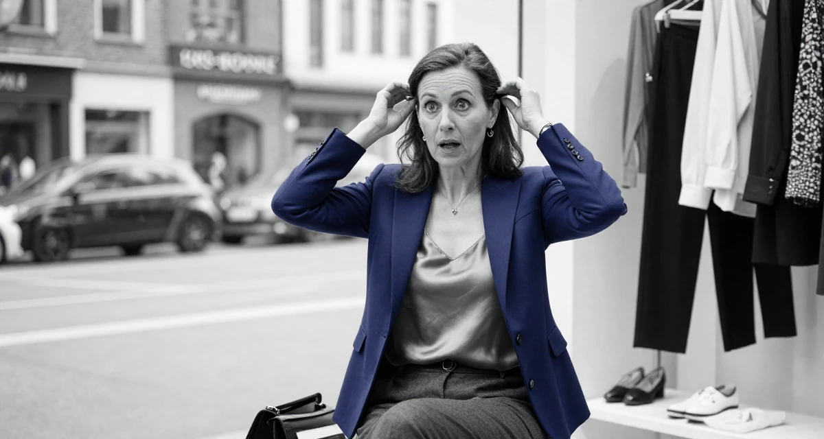 A surprised Female From Hamburg Germany, majored in sociology in their 50, inspiring others to start over at any age, wearing a crisp navy blue blazer over a silk camisole and trousers, adjusting a hairpin in a clothing boutique.