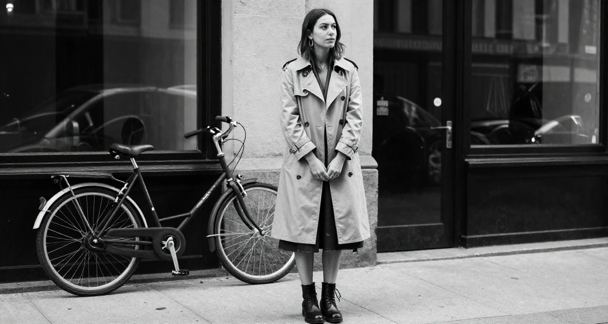 A pensive Female From Canada, majored in english and creative writing in their 24, managing emotional ups and downs from online criticism, wearing a timeless trench and boots, fixing the hem of a skirt in a fashion runway.