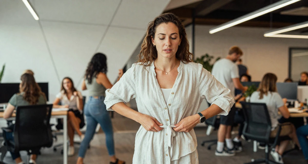 A relaxed Female Former swim instructor, now producing sun-soaked lifestyle content in their 39, sharing meditation and stress-relief techniques, wearing a light and airy spring attire, adjusting a belt in a busy coworking space.