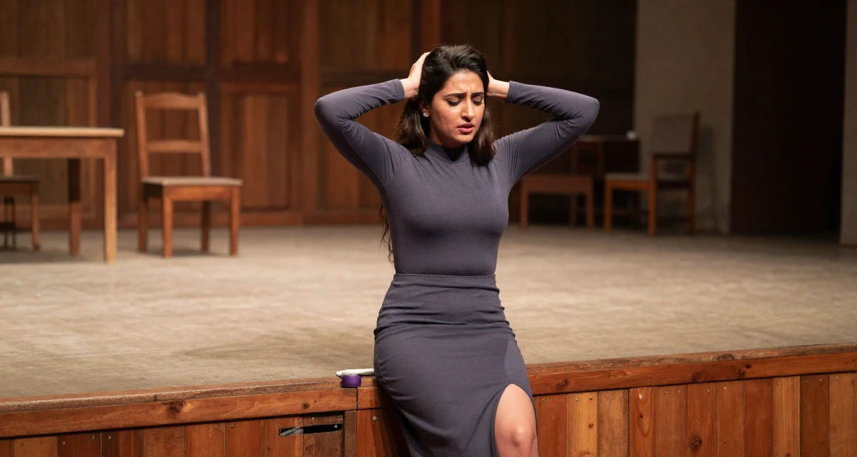 A mischievous Female From Pakistan, based in Lahore, graduated from a business school majoring in marketing management in their 27, dealing with pressure to constantly upgrade quality, wearing a tight long-sleeve bodysuit and a slit midi skirt, grabbing a railing for support in a empty theater stage.
