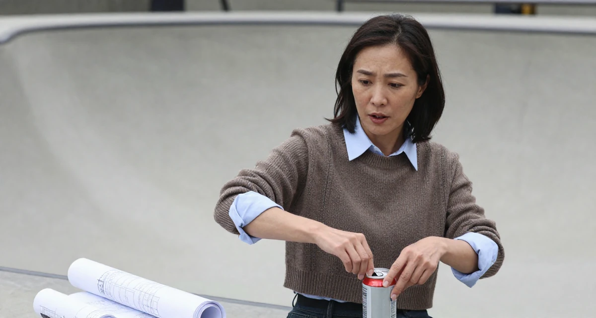 A subtly surprised Female From Taiwan, studied visual communication design in their 47, navigating the challenges of the sandwich generation, wearing a cropped sweater over a collared shirt, opening a soda can in a skate park.
