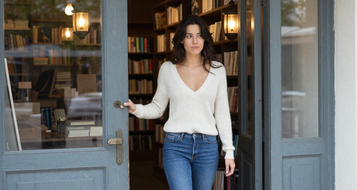 A cheeky Female Once a lifeguard, now shooting athletic, beach-centered content in their 22, trying to grow without losing privacy or sanity, wearing a plunging v-neck sweater and skinny jeans, pulling a door open in a vintage bookstore.