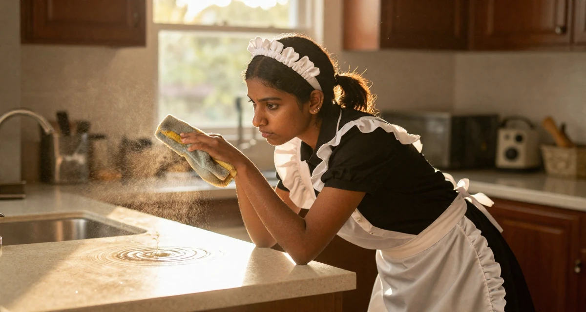 A grounded Female From Sri Lanka, studied supply chain management in their 20, trying to balance academic pressure and social life, wearing a maid outfit with a white apron and ruffled headband, dusting off the shoulder in a sunlit kitchen island.