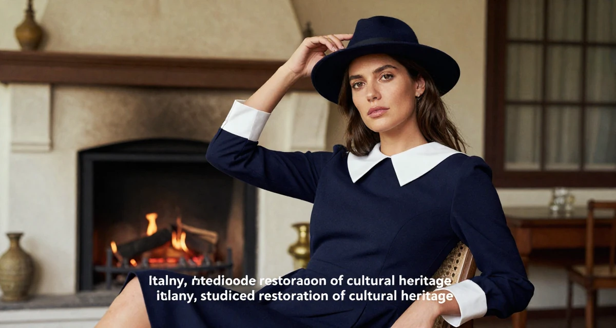 A nostalgic Female From Italy, studied restoration of cultural heritage in their 23, comparing their career progress to peers online, wearing a navy blue dress with white collar and cuffs, adjusting a hat in a front porch.