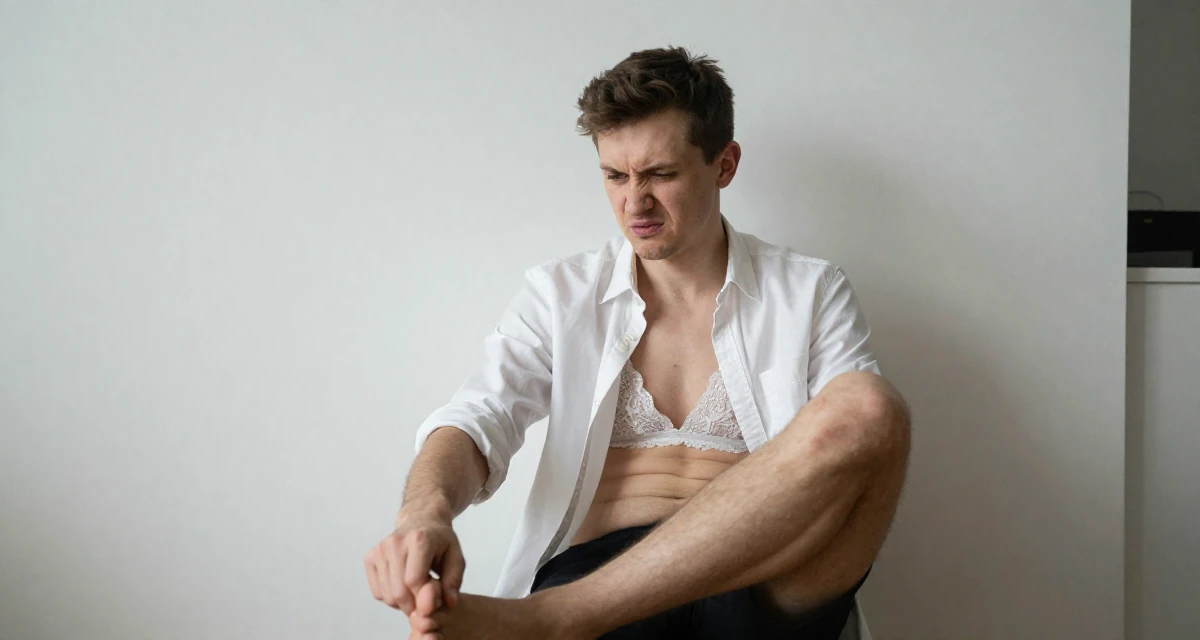 A rebellious male From Warsaw Poland, trained in expressive acting for camera work in their 26, dealing with younger competition while finding identity, wearing a white button-down shirt worn open over a lace bra, tapping a foot in a home interior.