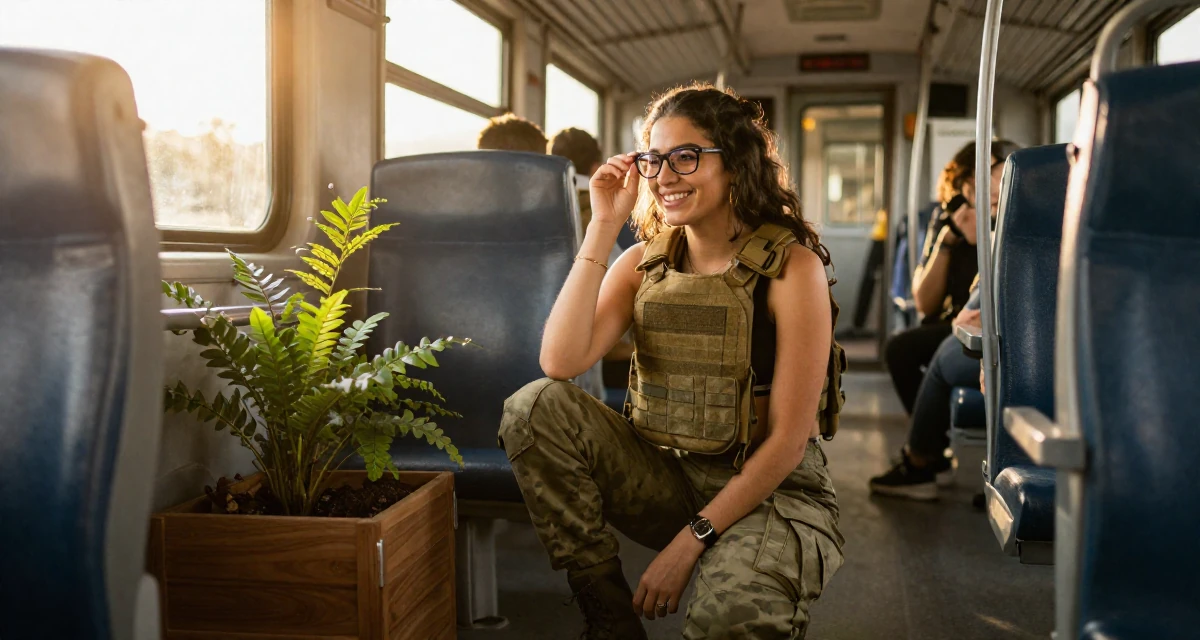 A delighted Female From Portugal, based in Faro, graduated from a media institute majoring in stylish audiovisual curation in their 20, navigating the chaos of freshman year university life, wearing a tactical military gear with a cropped vest and cargo pants, adjusting glasses in a train carriage.
