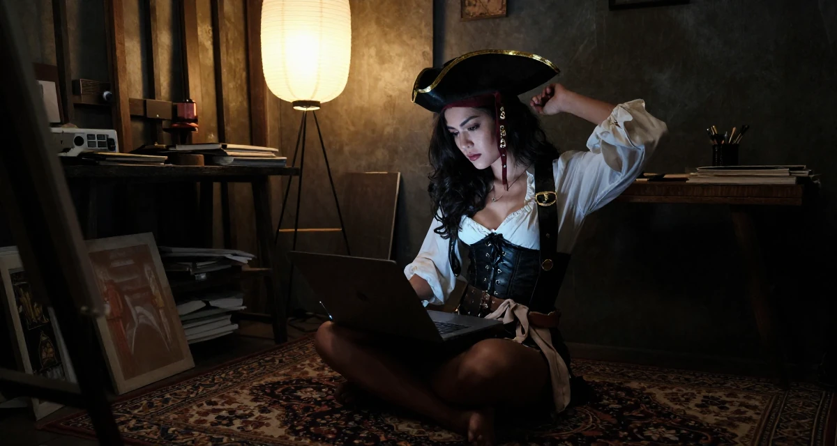 A seductive Female From Chiang Mai Thailand, majored in creative writing in their 22, sacrificing weekends for content planning, wearing a pirate captain outfit with a corset and tricorn hat, scrolling casually in a messy artist studio.
