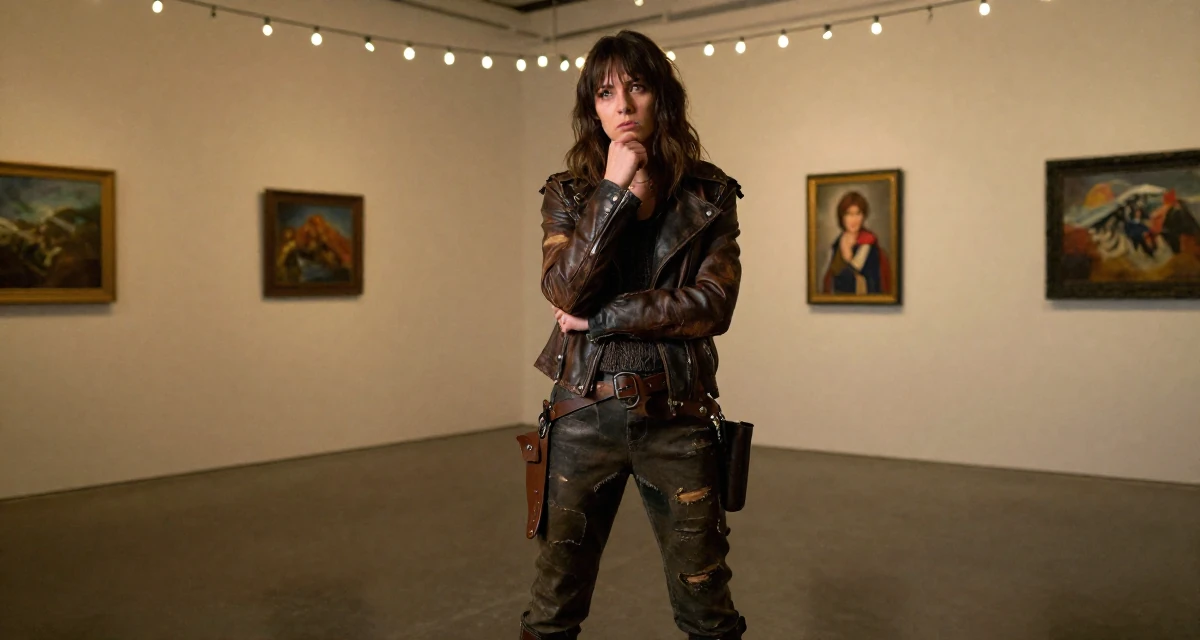 A tired Female Once a warehouse picker, now building a creator brand from scratch in their 27, investing in equipment instead of vacations, wearing a post-apocalyptic scavenger outfit with distressed leather, touching the chin thoughtfully in a art gallery.