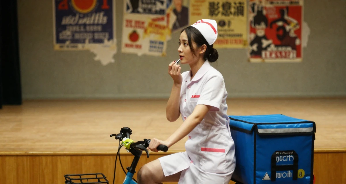 A relaxed and observant Female Former food delivery biker, now exploring creator freedom in their 23, balancing vulnerability and professionalism, wearing a nurse cosplay uniform with a stylized cap, applying lipstick in a empty theater stage.