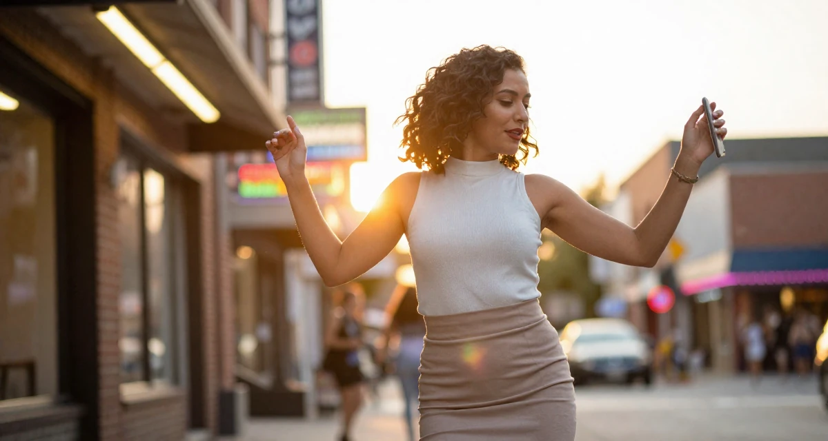 A inspired Female From Canada, trained in culinary arts in their 27, feeling more comfortable in their own skin, wearing a mock neck sleeveless top and a pencil skirt, scrolling casually in a neon-lit street.