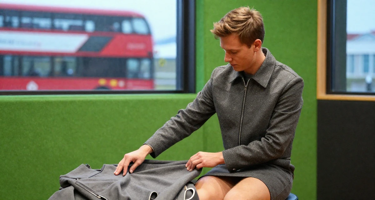 A curious and focused male From Iceland, majored in renewable energy studies in their 25, building a consistent weekly posting schedule, wearing a cropped tailored jacket and matching mini skirt, smoothing down a dress in a recording booth.