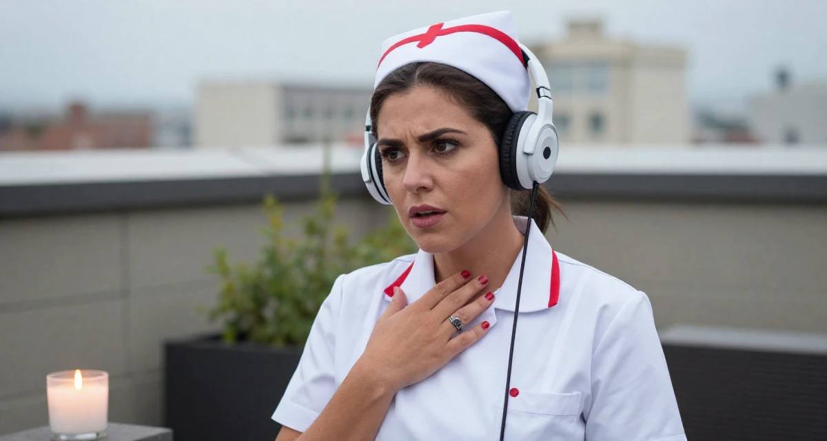 A fascinated Female Once a calligraphy hobbyist, now integrating art into sensual themes in their 50, feeling more vibrant and energetic than ever, wearing a nurse cosplay uniform with a stylized cap, listening to music with headphones in a rooftop garden.