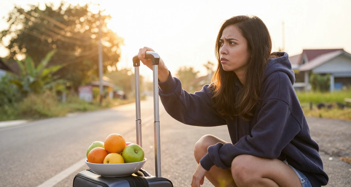 A confused Female From Malaysia, based in Malacca, graduated from a creative college majoring in sensual composition design in their 30, planning adult responsibilities with unstable cash flow, wearing a trendy oversized hoodie, polling a luggage handle in a country road.