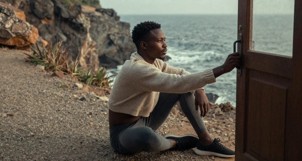 A romantic male From Kenya, based in Nairobi, graduated from a creative institute majoring in aesthetic communication in their 22, managing new financial responsibilities, wearing a cropped knitted sweater and form-fitting yoga pants, opening a door in a rocky ocean cliff.