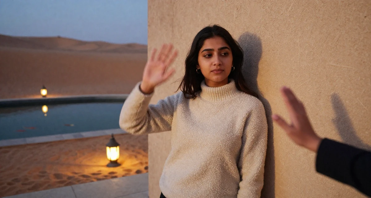 A settled Female From Pakistan, majored in mass communication in their 25, over the drama of early 20s nightlife, wearing a cozy fleece pullover, waving to someone in a desert sand dunes.