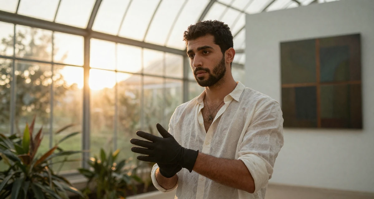 A observant male From Algeria, studied visual communication in their 22, crafting content at midnight after work shifts, wearing a lightweight chiffon blouse slightly unbuttoned, removing a glove in a greenhouse interior.