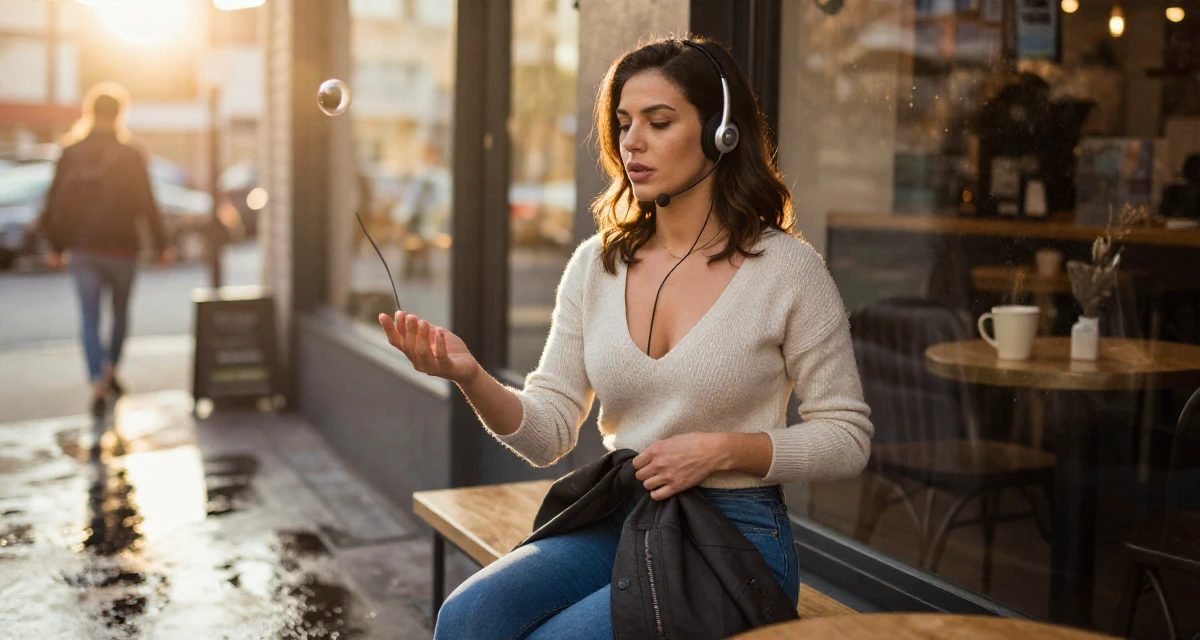 A focused Female Former call-center worker, now crafting confidence-centric creator content in their 35, juggling co-parenting and a dating life, wearing a plunging v-neck sweater and skinny jeans, buttoning a jacket in a coffee shop corner.