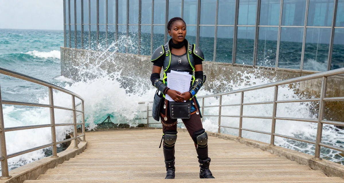 A curious and focused Female From Abuja Nigeria, studied public administration in their 46, passionate about classic literature and arts, wearing a cyberpunk street samurai gear with neon accents, carrying a stack of documents in a winding staircase.