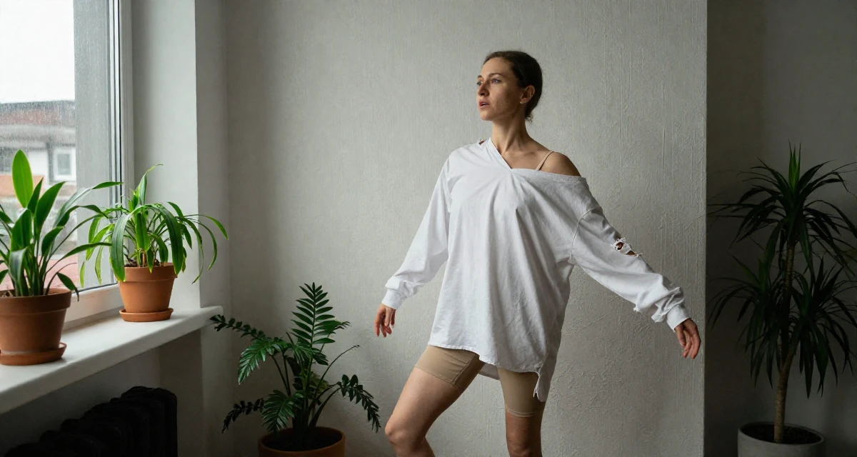 A fearless Female From Russia, trained as a classical ballerina in their 24, mastering the art of work-life separation, wearing a oversized white shirt worn off one shoulder and biker shorts, shifting weight impatiently in a modern apartment.