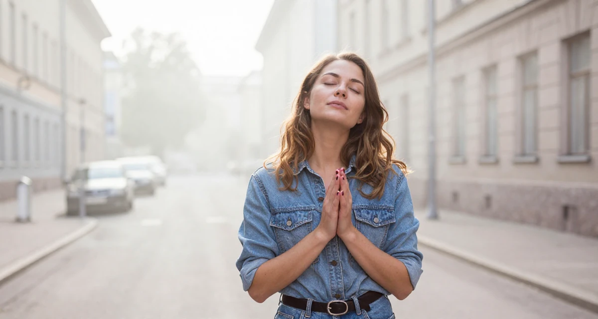 A fearless Female From Finland, based in Tampere, graduated from a tech university majoring in human-centered design in their 23, making decisions that will shape future lifestyle, wearing a retro 90s casual vibe, clasping hands together in a urban street.
