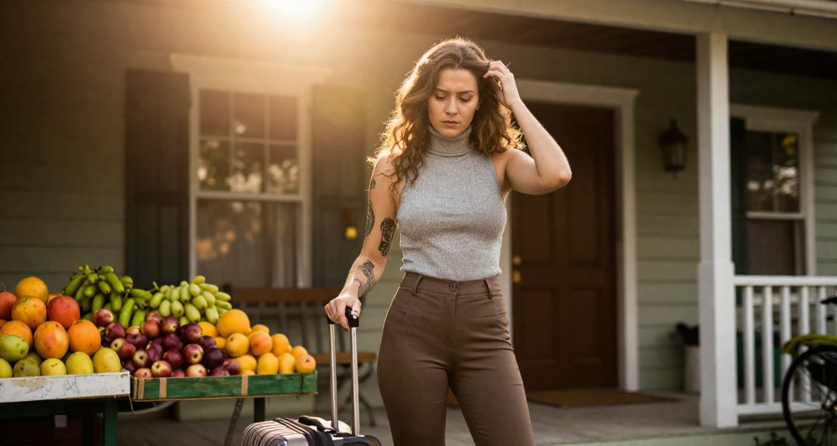 A judgemental Female Once a tattoo apprentice, now a creator blending ink culture and lifestyle in their 24, maintaining anonymity while growing faster, wearing a sleeveless turtleneck top and tailored cigarette pants, pulling a suitcase in a front porch.